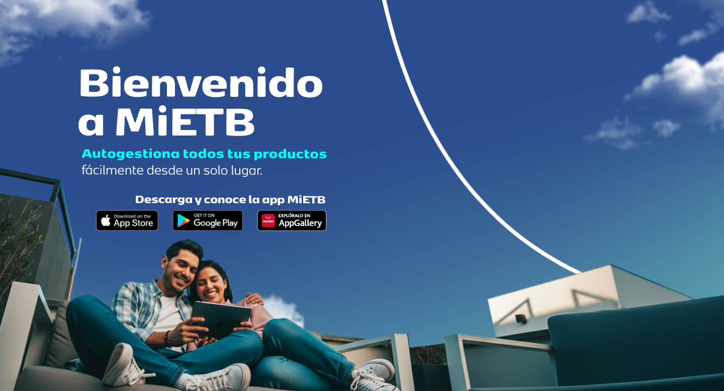 Pareja disfrutando Mi ETB en su tablet, con invitación a descargar la app